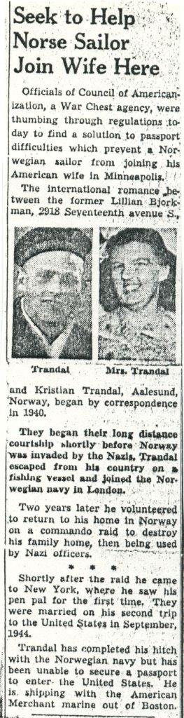 Kristian Lillian Trandal family history article 1945